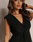rosa Rochie Midi Neagră cu croială evazată cu nod decorativ și fantă Zanondia