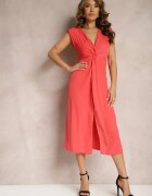 rosa Rochie Midi Roșie cu croială evazată cu nod decorativ și șliț Zanondia