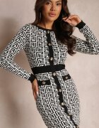 rosa Rochie Mini Albă din material tricotat cu motiv geometric cu nasturi suplimentari Isaela