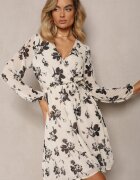 rosa Rochie Mini Albă Evazată Florală și cu elastic în talie Elandri