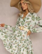 rosa Rochie Mini Bej-Verde cu Imprimeu Floral cu Volan Lat la Tiva Faeyra