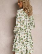 rosa Rochie Mini Bej-Verde cu Imprimeu Floral cu Volan Lat la Tiva Faeyra