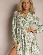 rosa Rochie Mini Bej-Verde cu Imprimeu Floral cu Volan Lat la Tiva Faeyra