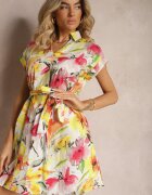 rosa Rochie Mini Galben-Albă Evazată cu Guler și Mânecă Scurtă din Bumbac cu Flori Thatine