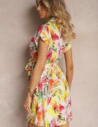 rosa Rochie Mini Galben-Albă Evazată cu Guler și Mânecă Scurtă din Bumbac cu Flori Thatine
