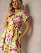 rosa Rochie Mini Galben-Albă Evazată cu Guler și Mânecă Scurtă din Bumbac cu Flori Thatine