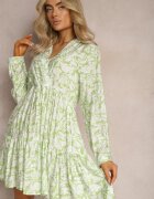 rosa Rochie Mini Tip plic Verde-Albă cu Volănaș și Imprimeu Decorativ Oletia