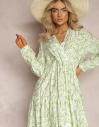 rosa Rochie Mini Tip plic Verde-Albă cu Volănaș și Imprimeu Decorativ Oletia