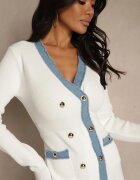 rosa Rochie Mulată Albă Retro din tricot cu viscoză Decorată cu capse Teremena