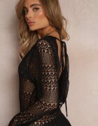 rosa Rochie Neagră Ajurată Acoperitoare cu Mâneci Lungi Odemia