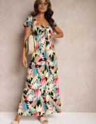 rosa Rochie Neagră Cloche Florală din Viscoză Decorată cu Volan și cu Legătură Mevanya