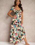 rosa Rochie Neagră Cloche Florală din Viscoză Decorată cu Volan și cu Legătură Mevanya