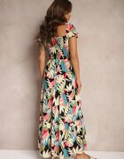 rosa Rochie Neagră Cloche Florală din Viscoză Decorată cu Volan și cu Legătură Mevanya