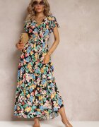 rosa Rochie Neagră Cloș Maxi cu imprimeu floral Moirane