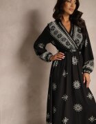 rosa Rochie Neagră cu model din Viscoză cu croială petrecută cu elastic și curea Zinalise