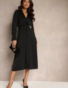 rosa Rochie Neagră de Satin Petrecută cu Elastic și Lanțișor în Talie Shaffa