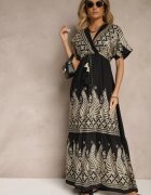 rosa Rochie Neagră Din Vâscoză Boho Cu Croi Petrecut Cu Broderie Metalică Redeselle