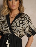 rosa Rochie Neagră Din Vâscoză Boho Cu Croi Petrecut Cu Broderie Metalică Redeselle