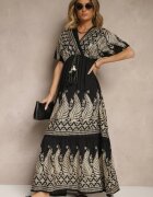 rosa Rochie Neagră din Vâscoză cu decolteu petrecut și cu franjuri Redevie