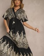 rosa Rochie Neagră din Vâscoză cu decolteu petrecut și cu franjuri Redevie