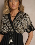 rosa Rochie Neagră din Vâscoză cu decolteu petrecut și cu franjuri Redevie