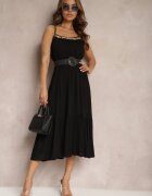 rosa Rochie Neagră din Viscoză cu Bretele Decorată cu Paiete și Fir Metalic Beloe