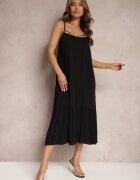 rosa Rochie Neagră din Viscoză cu Bretele Decorată cu Paiete și Fir Metalic Beloe
