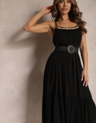 rosa Rochie Neagră din Viscoză cu Bretele Decorată cu Paiete și Fir Metalic Beloe