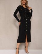 rosa Rochie Neagră din Viscoză cu croială mulată Decorată cu nasturi Novarena