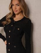 rosa Rochie Neagră din Viscoză cu croială mulată Decorată cu nasturi Novarena