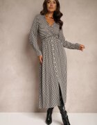 rosa Rochie Neagră din Viscoză cu Imprimeu Pied-de-poule cu Croială petrecută cu Elastice în Talie Vaileissa