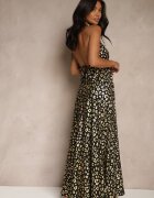 rosa Rochie neagră din viscoză halter decorată cu imprimeu metalic leopard Linaruna
