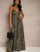 rosa Rochie neagră din viscoză halter decorată cu imprimeu metalic leopard Linaruna