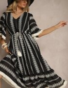 rosa Rochie neagră evazată Boho din bumbac decorată cu broderie și legătură Koriruna