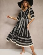 rosa Rochie neagră evazată Boho din bumbac decorată cu broderie și legătură Koriruna
