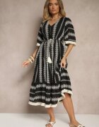 rosa Rochie neagră evazată Boho din bumbac decorată cu broderie și legătură Koriruna