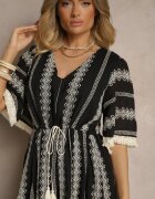 rosa Rochie neagră evazată Boho din bumbac decorată cu broderie și legătură Koriruna