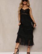 rosa Rochie Neagră Evazată cu bretele cu inserție croșetată și volane Givita