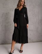 rosa Rochie Neagră Evazată cu Volan și Dantelă Kiaya