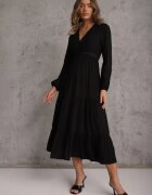 rosa Rochie Neagră Evazată cu Volan și Dantelă Kiaya