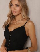 rosa Rochie Neagră Evazată din bumbac cu nasturi și bretele reglabile Lorbia