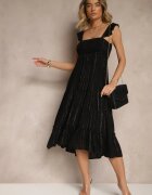 rosa Rochie Neagră Evazată din Vâscoză cu Cusături Metalice Iffaria