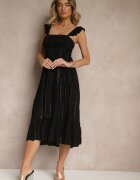 rosa Rochie Neagră Evazată din Vâscoză cu Cusături Metalice Iffaria