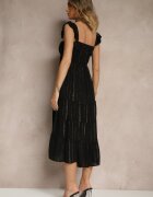rosa Rochie Neagră Evazată din Vâscoză cu Cusături Metalice Iffaria