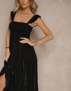 rosa Rochie Neagră Evazată din Vâscoză cu Cusături Metalice Iffaria