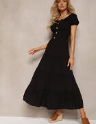 rosa Rochie Neagră Evazată Maxi cu Decolteu Spaniol Kailra