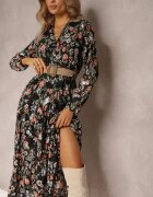 rosa Rochie Neagră Maxi cu Curea împletită și Elastic în Talie Floral Elanisa