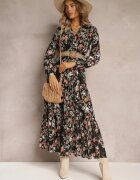rosa Rochie Neagră Maxi cu Curea împletită și Elastic în Talie Floral Elanisa