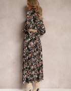 rosa Rochie Neagră Maxi cu Curea împletită și Elastic în Talie Floral Elanisa