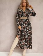 rosa Rochie Neagră Maxi cu Curea împletită și Elastic în Talie Floral Elanisa